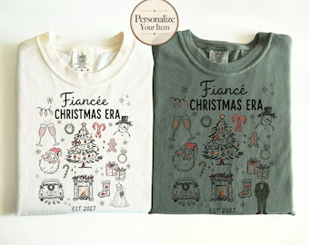 Custom Couples Christmas Shirts Matching Fiancée and Fiancé Christmas Era shirts, First Christmas Engaged Shirts, Christmas Bride