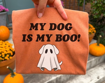 My Dog Is My Boo Halloween Shirt, Cute Ghost Dog Graphic Tee for Women, Funny Dog Mom Shirt, Spooky Season Outfit, Dog Lover Gift, Fall Tee