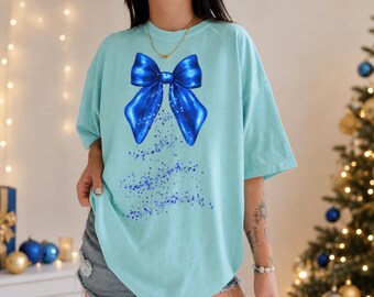 Blue Bow Christmas Shirt, Coquette Holiday Graphic Tee for Women, Elegant Girly Xmas Outfit, Cute Festive Christmas Gift for Her, Winter Tee