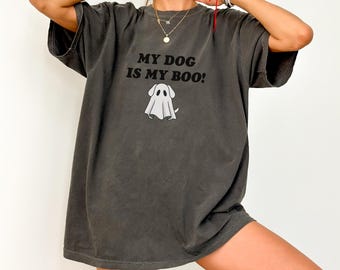 Halloween My Dog Is My Boo Halloween Shirt Cute Ghost Dog Graphic Tee for Women Funny Dog Mom Shirt Spooky Season Outfit, Dog Lover Gift