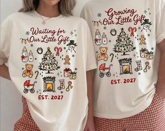 Personalized Christmas Pregnancy Announcement Couple T-Shirts: Growing Our Little Gift, 100% Cotton Comfort Colors®