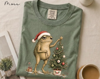 Christmas Frog T-Shirt: Vintage Toad in Santa Hat Decorating a Tree, Cottagecore Comfort Colors®