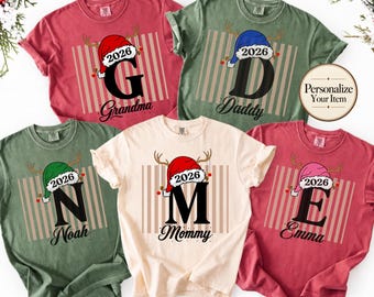 Matching Family Christmas Shirts 2026, Personalized Name Initial Tees, Mom Dad Kids Holiday Shirts, Custom Christmas Family Outfit