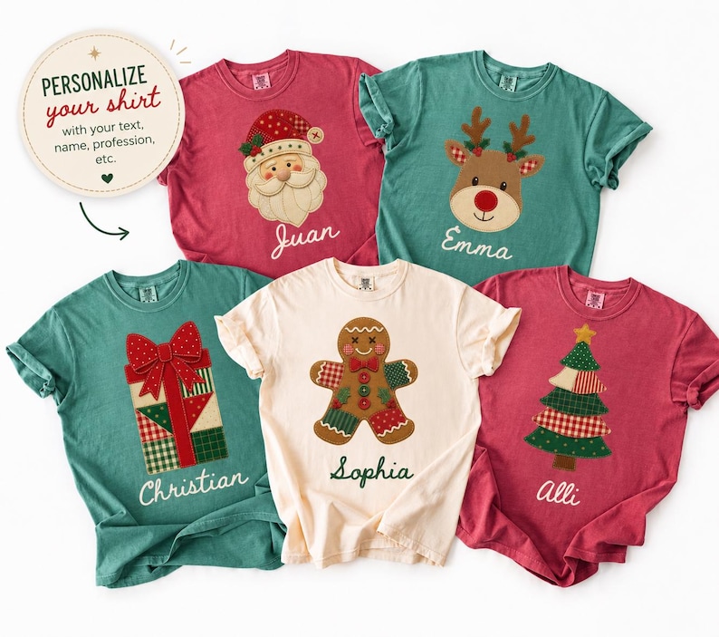 Matching family Christmas shirts 2026 personalized with names in patchwork quilt design