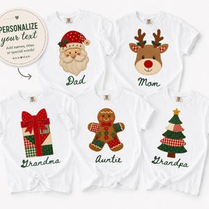 May include: Five white short-sleeve t-shirts featuring Christmas-themed graphics: a Santa Claus, a reindeer, a gift box, a gingerbread person, and a Christmas tree. Each shirt includes custom text below the graphic in dark green script.