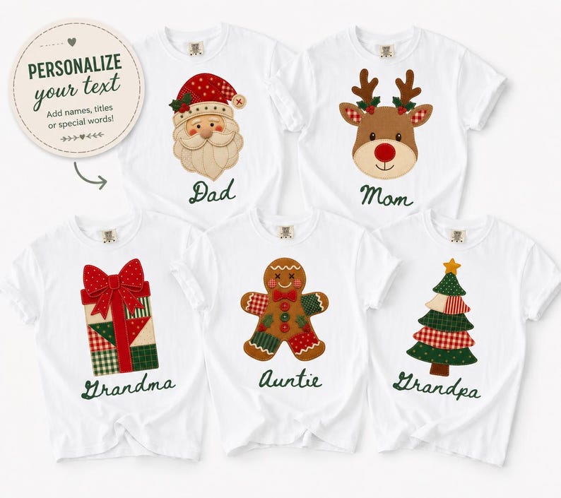 May include: Five white short-sleeve t-shirts featuring Christmas-themed graphics: a Santa Claus, a reindeer, a gift box, a gingerbread person, and a Christmas tree. Each shirt includes custom text below the graphic in dark green script.
