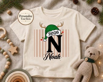 Custom Kids Christmas Shirts 2026 Personalized Name Initial Tee Custom Sibling Holiday Shirts Boys Girls Christmas Outfit