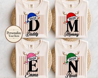 Custom Christmas Family Name Shirt 2026, Personalized Monogram Tee, Matching Family Christmas Shirts, Mom Dad Kids Holiday Gift Idea Tee