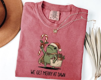 Funny Christmas Frog T-Shirt: We Get Merry at Dawn Meme, Santa Hat, Comfort Colors®