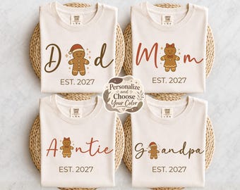 Matching Christmas Family Shirts, Custom Mom Dad Tee, Gingerbread Comfort Colors Shirt, Pregnancy Reveal Gift, New Parents Xmas T-Shirt