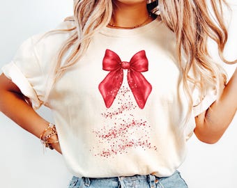 Christmas Bow Shirt Coquette Christmas Tree Tee Custom Name Holiday T-Shirt Matching Friends Xmas Gift Comfort Colors® Cute Holiday Party