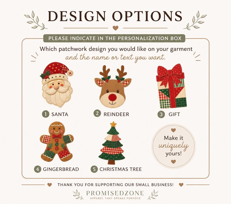 May include: A design options chart featuring five embroidered-style Christmas icons: a Santa, a reindeer, a gift box, a gingerbread person, and a Christmas tree. Each icon is numbered and labeled. The text reads: DESIGN OPTIONS, PLEASE INDICATE IN THE PERSONALIZATION BOX, Which patchwork design you would like on your garment and the name or text you want, Make it uniquely yours!, THANK YOU FOR SUPPORTING OUR SMALL BUSINESS!, PROMISEDZONE APPAREL THAT SPEAKS PURPOSE.