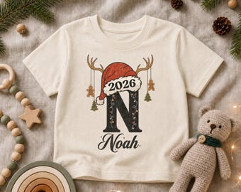 Personalized Kids Christmas Shirt 2026, Custom Name Monogram Tee, Matching Sibling Holiday Shirt, Christmas Gift for Kids