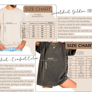 May include: A beige Gildan 18000 unisex sweatshirt and a dark gray Comfort Colors unisex t-shirt. Each garment is displayed with a corresponding size chart showing width, length, and sleeve measurements in inches, along with fabric details.
