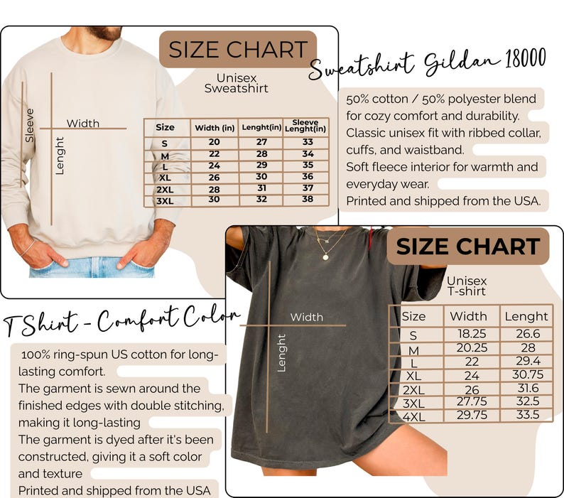 May include: A beige Gildan 18000 unisex sweatshirt and a dark gray Comfort Colors unisex t-shirt. Each garment is displayed with a corresponding size chart showing width, length, and sleeve measurements in inches, along with fabric details.