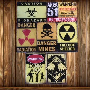 Vintage style metal wall plaque - warning of Danger, Zombie, Aliens, Mines, Area 51 - Vintage Bar, Restaurant decoration, gift