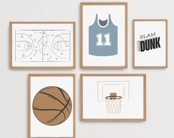 Impressions de basket-ball, lot de 5, décoration de chambre de garçon (téléchargement numérique)