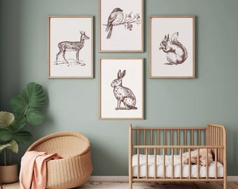 Láminas vintage de animales del bosque, juego de 4, decoración infantil (descarga digital)