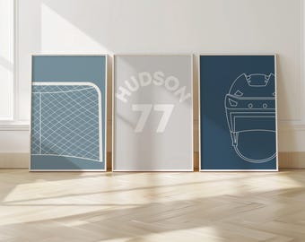 Personalized Hockey Prints: Boys Bedroom Wall Art (Set of 3) (Digital Download)