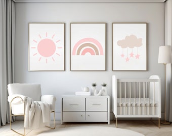 Regnbågsfärgat barnrumstryckset – Boho sol, moln, stjärnor (digital nedladdning)