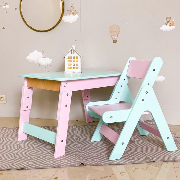 Handmade Montessori Table and Chair Set, Unique Kids Furniture, Kids Room Decor, Toddler Room Decor, Wooden Activity Table and Toddler Chair