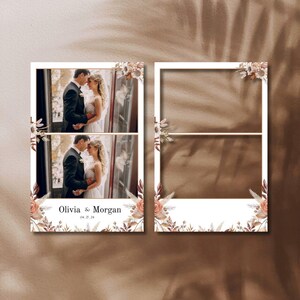 May include: Two photo booth templates with a wedding theme. One template features two photos of a couple, with the names "Olivia & Morgan" and the date "04.27.24" at the bottom. The other template is a blank photo booth frame.