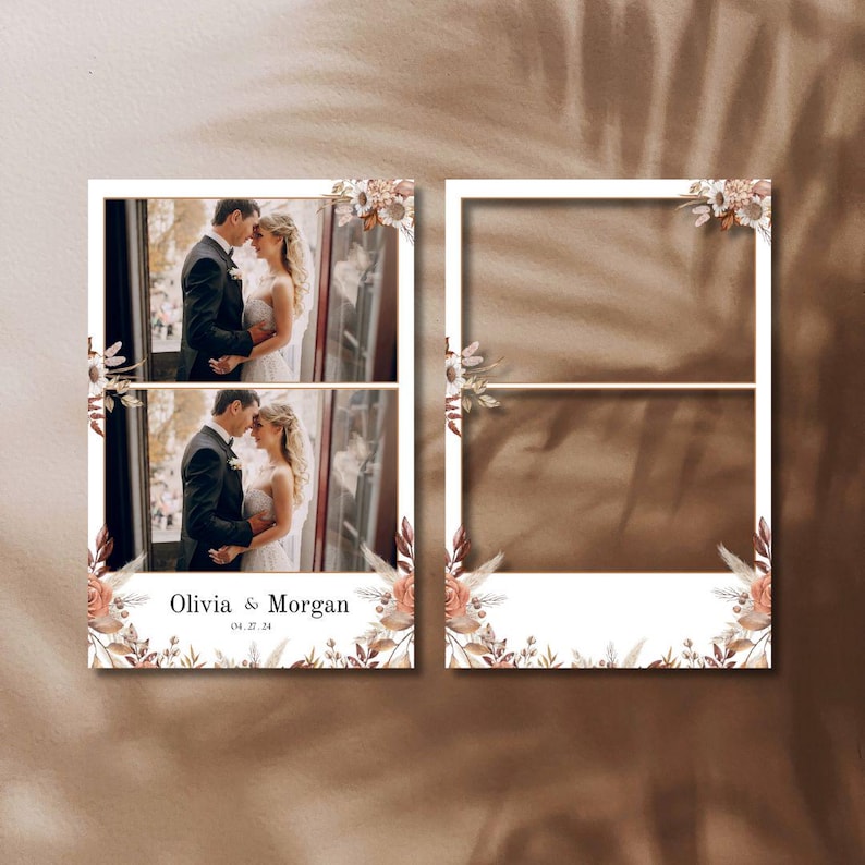 May include: Two photo booth templates with a wedding theme. One template features two photos of a couple, with the names "Olivia & Morgan" and the date "04.27.24" at the bottom. The other template is a blank photo booth frame.