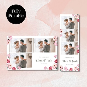 May include: A wedding photo booth template with a floral design. The template has three photo slots and includes the text "The Wedding of Ellen & Josh 04-27-2024".