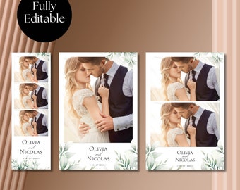 Wedding Photo Booth Template, Sage Greenery Leaves Elegant Aesthetic 2x6 Strip, 4x6 Postcard Overlay, Instant download, PNG, Canva editable