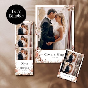 Op de afbeelding: Een trouwuitnodigingssuite met een foto van een stel, de namen "Olivia & Morgan" en de datum "04.27.24". De suite bevat een verticale fotostrip en een rechthoekige uitnodiging, allemaal met bloemmotieven.