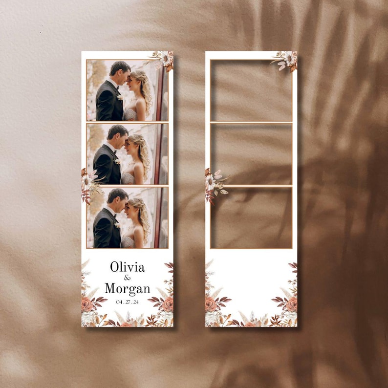 May include: Photo booth strip featuring three images of a couple, with floral accents and the names "Olivia & Morgan" and the date "04.27.24" at the bottom. A second, empty photo booth strip is also shown.