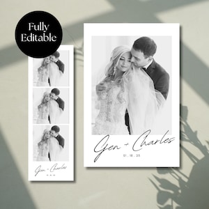 May include: Black and white wedding photo template featuring a bride and groom embracing. The design includes a large photo and a photo strip with three smaller images. Text includes "Gen + Charles" and "01.18.25". The words "Fully Editable" are also present.