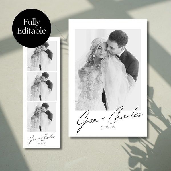 Wedding Photo Booth Template, Minimalist Black and White, Aesthetic 2x6 Strip, 4x6 Postcard Overlay, Instant download, PNG, Canva editable