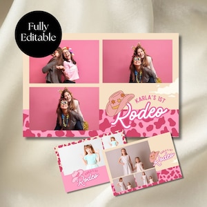 May include: A pink and white photo booth backdrop with a cow print design. The backdrop has four photo frames and a pink and white sign that says "Karla's 1st Rodeo".