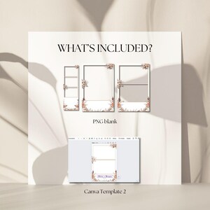 May include: A white background with the text "WHAT'S INCLUDED?" and "PNG blank". The image shows three photo booth frame templates with floral accents. A computer screen displays a Canva template with the text "Olivia & Marcus" and "Canva Template 2".