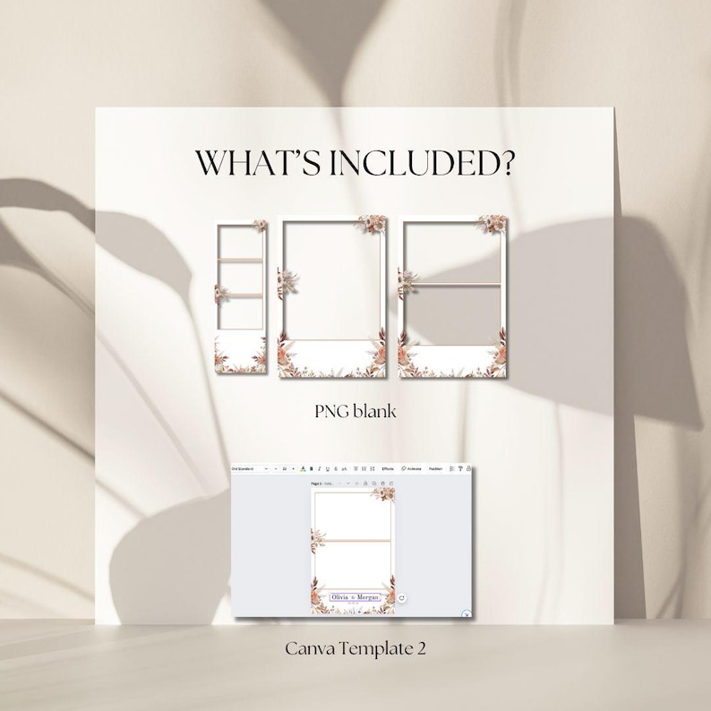 May include: A white background with the text "WHAT'S INCLUDED?" and "PNG blank". The image shows three photo booth frame templates with floral accents. A computer screen displays a Canva template with the text "Olivia & Marcus" and "Canva Template 2".