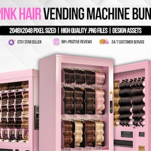 Puede incluir: Un conjunto de 12 máquinas expendedoras rosas llenas de diferentes estilos de extensiones de cabello. Cada máquina tiene un frente de vidrio transparente y un marco de metal rosa. Las máquinas están dispuestas en una fila, con la primera máquina a la izquierda y la última a la derecha. Las máquinas son todas del mismo tamaño y forma. Las extensiones de cabello son de diferentes colores y estilos, incluyendo lisas, onduladas y rizadas. Las máquinas están todas iluminadas y las extensiones de cabello son todas visibles. Las máquinas están todas etiquetadas con el texto "12 PINK HAIR VENDING MACHINE BUNDLE".