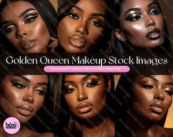 Puede incluir: Seis fotos de primer plano de una mujer con piel oscura que lleva un maquillaje de ojos dramático con sombra de ojos dorada y delineador de ojos. Las fotos están tomadas sobre un fondo marrón y negro.
