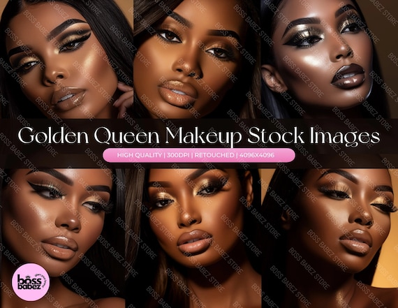 Golden Queen Makeup Stock Photos: African American Model (15 Image Bundle)