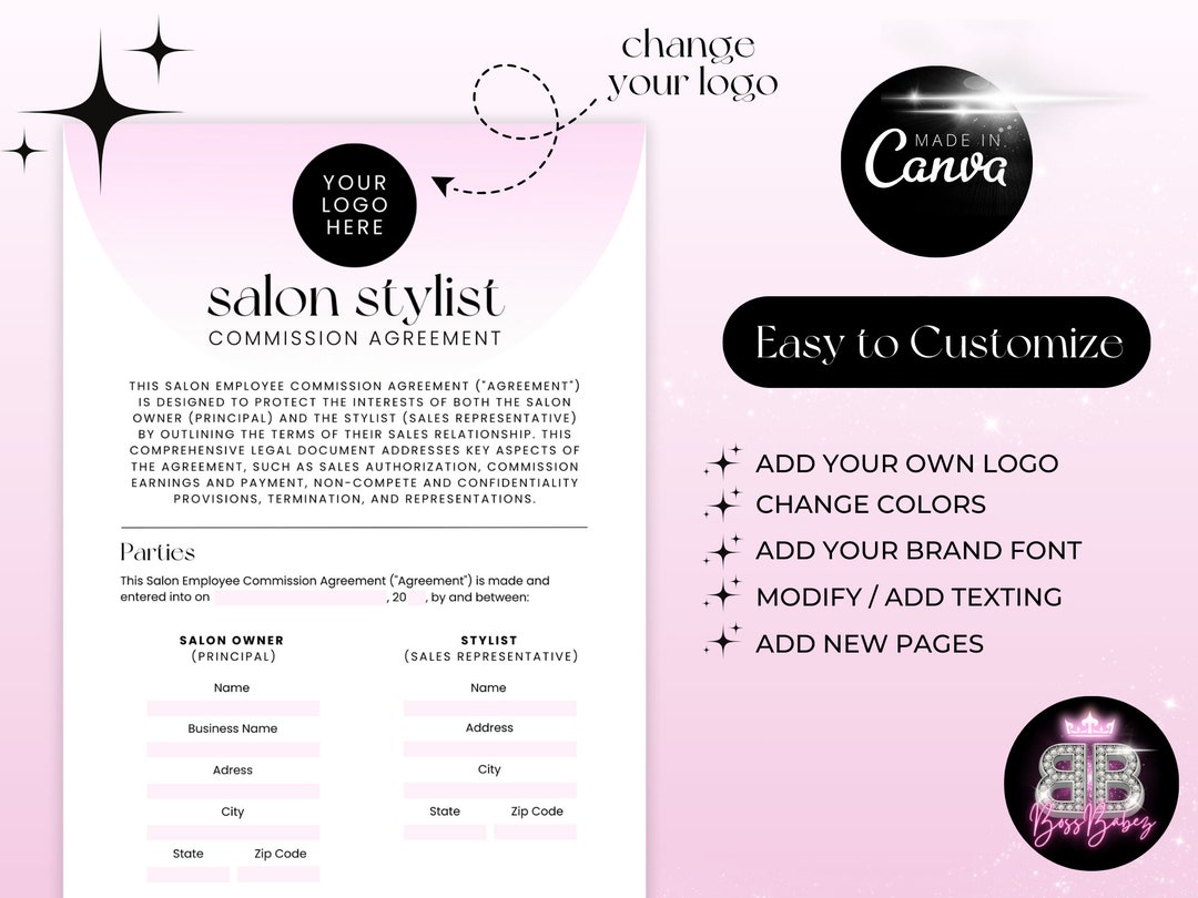 Template for Salon Stylist Commission Agreement, Customizable Form for ...