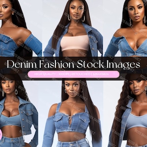 DENIM FASHION BUNDLE  - 15 Stock Image Bundle African American Model, Beauty Stock Photos, Hair Stock Photos, Wig Stock Photo