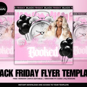 Ulotka z wyprzedażą kosmetyków Black Friday, włosy, paznokcie, rzęsy, szablon Canva