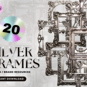 Peut inclure: 20 cadres photo ornés argentés avec des détails complexes. Les cadres sont superposés les uns sur les autres, créant un design décoratif et élégant.