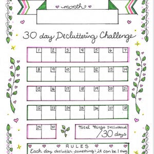Puede incluir: Un modelo imprimible de desafío de limpieza de 30 días con un borde floral verde y rosa. El rastreador tiene una cuadrícula de calendario con los números del 1 al 30. El texto "Total de cosas limpiadas / 30 días" está en la parte inferior de la página. El texto "Cada día limpia algo: puede ser 1 cosa, pueden ser 100! ¡Depende de ti! Al final de los 30 días, suma cuántas cosas has limpiado!" está en la parte inferior de la página.