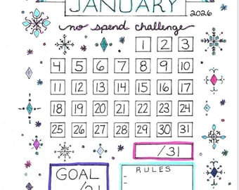 2026 January No Spend Challenge Calendar Bullet Journal Planner