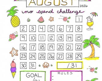 Kalendarz Bullet Journal Planer wyzwania „Bez wydatków” na sierpień 2026