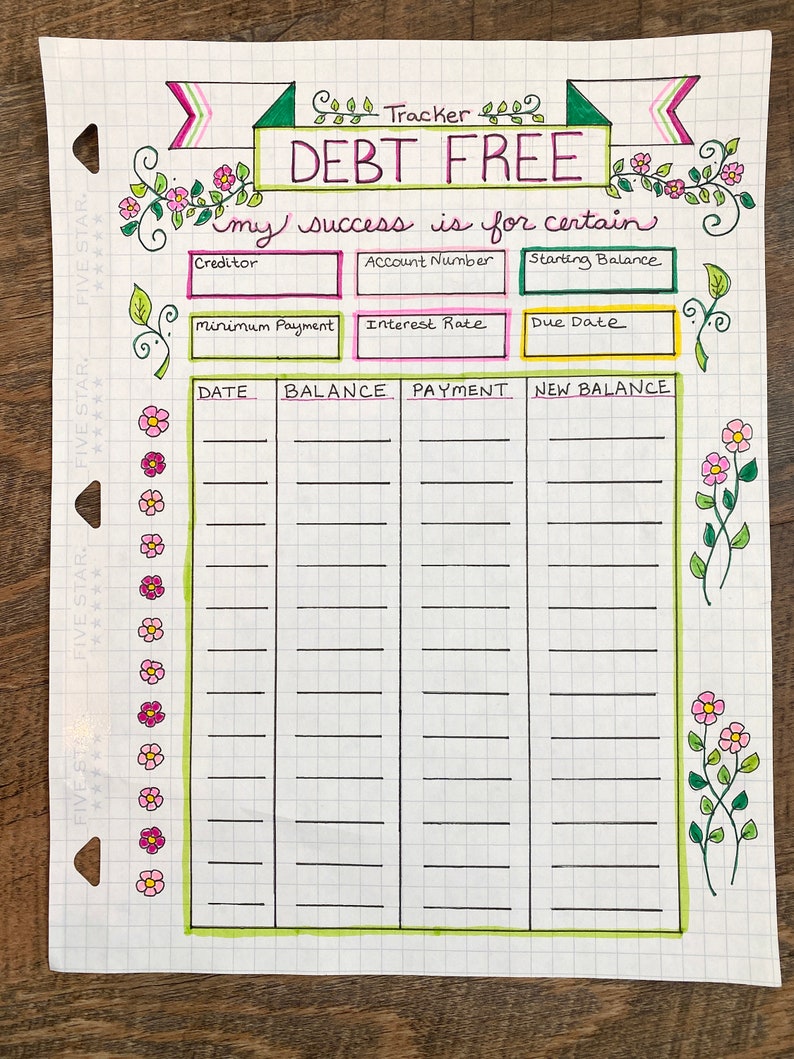 May include: A debt tracker worksheet with a green, pink, and white banner that says "Debt Free". The worksheet has columns for date, balance, payment, and new balance. The worksheet is decorated with pink flowers and green vines.
