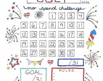 Calendario del reto de no gastar en julio de 2026 - Agenda Bullet Journal