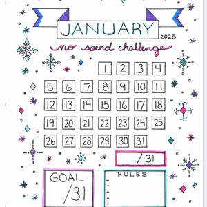 Puede incluir: Un calendario de desafío sin gastar para enero de 2025 con un rastreador de objetivos rosa y azul y una sección de reglas blanca. El calendario está decorado con copos de nieve y diamantes.