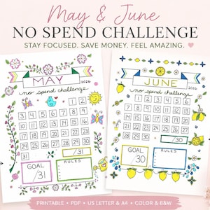 Può includere: Un calendario stampabile di sfida senza spese di due mesi per maggio e giugno, con illustrazioni colorate di fiori, farfalle e limoni. Il calendario include spazi per obiettivi e regole, con il testo "Rimani concentrato. Risparmia denaro. Sentiti fantastico."